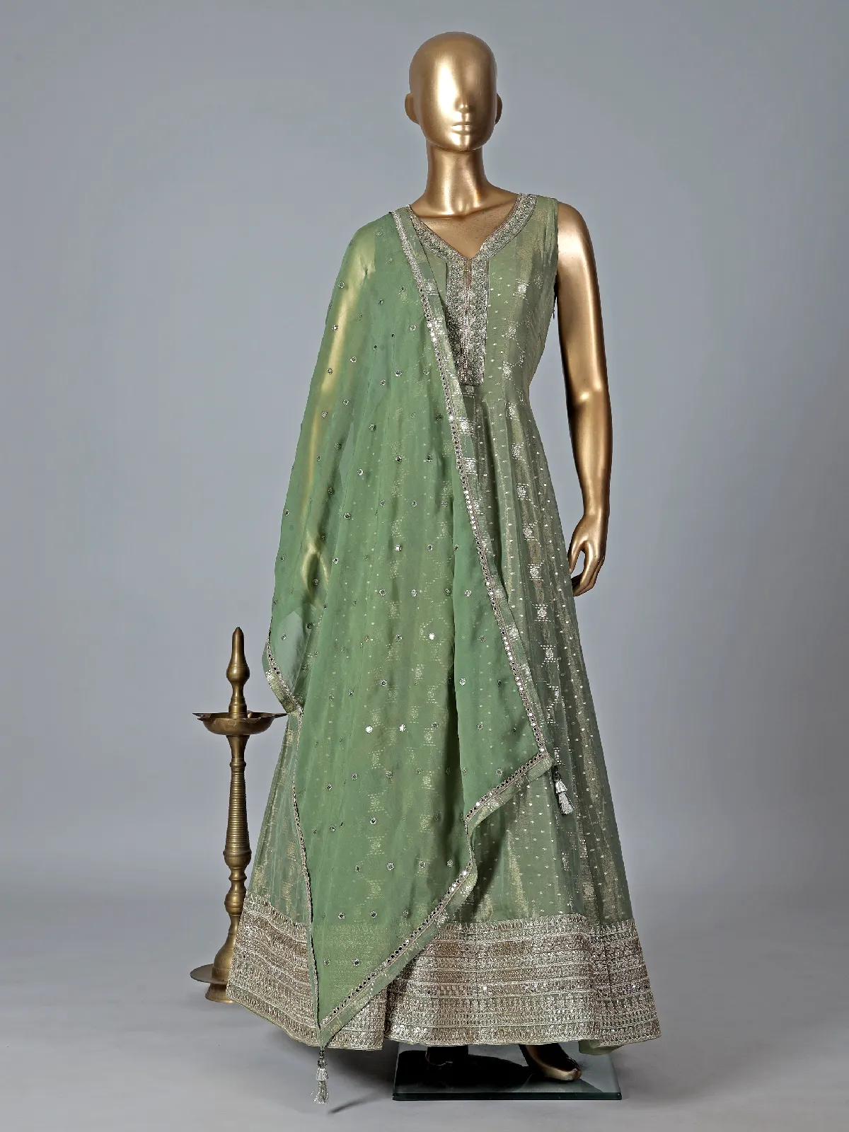 Stylish sage green silk anarkali suit