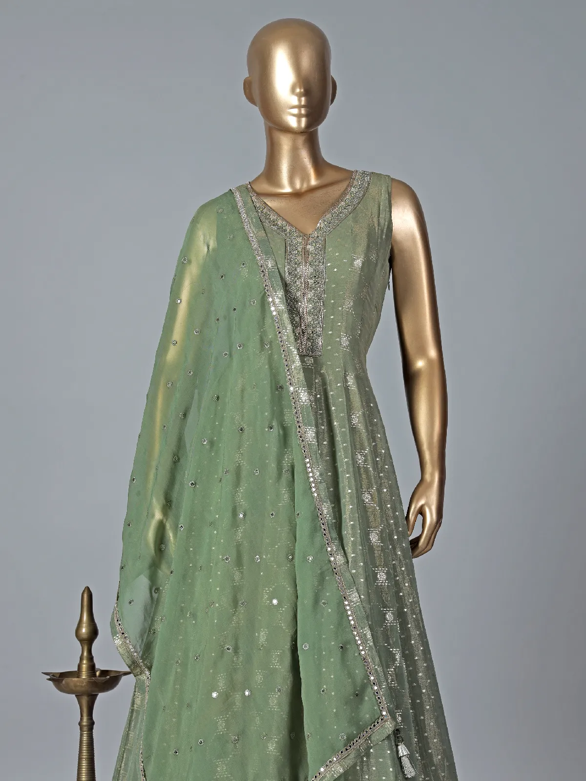Stylish sage green silk anarkali suit