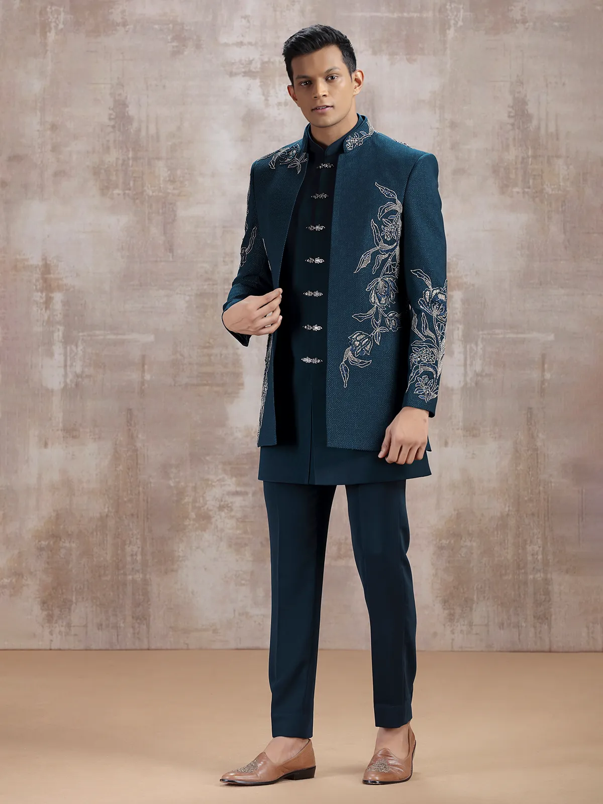 Teal blue jacket style indo western with beads work