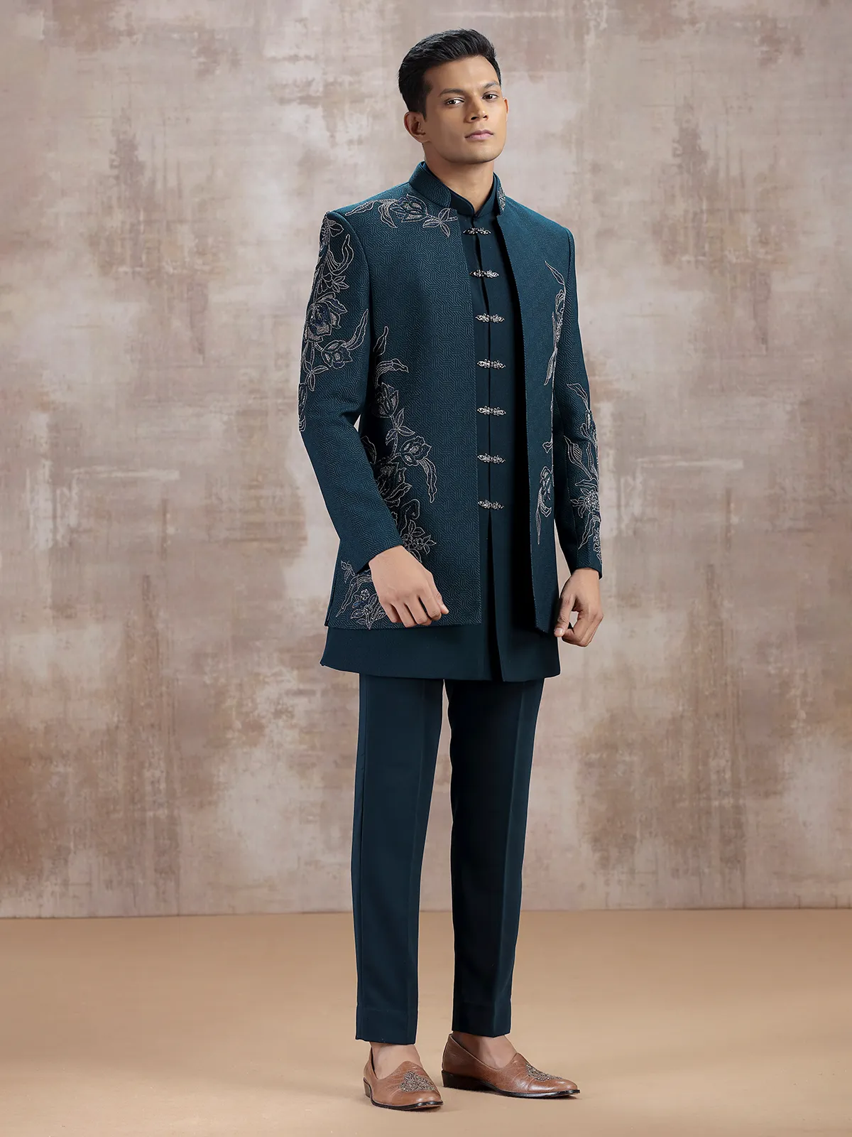 Teal blue jacket style indo western with beads work