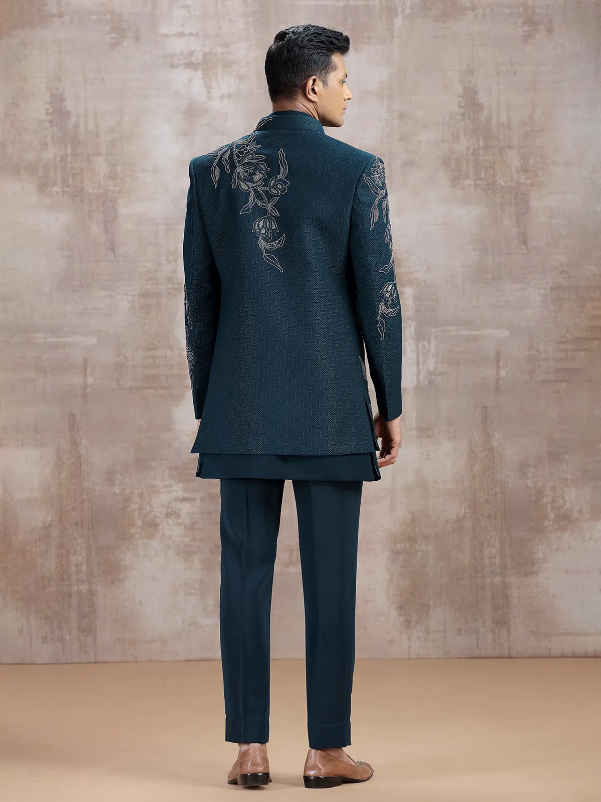 Teal blue jacket style indo western with beads work