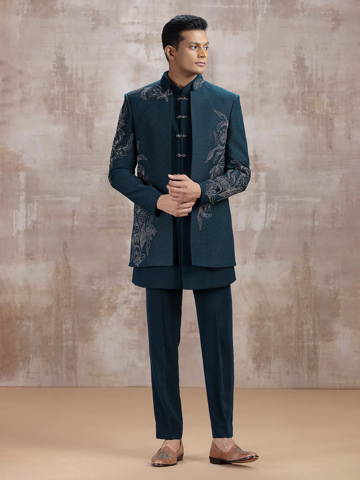 Teal blue jacket style indo western with beads work