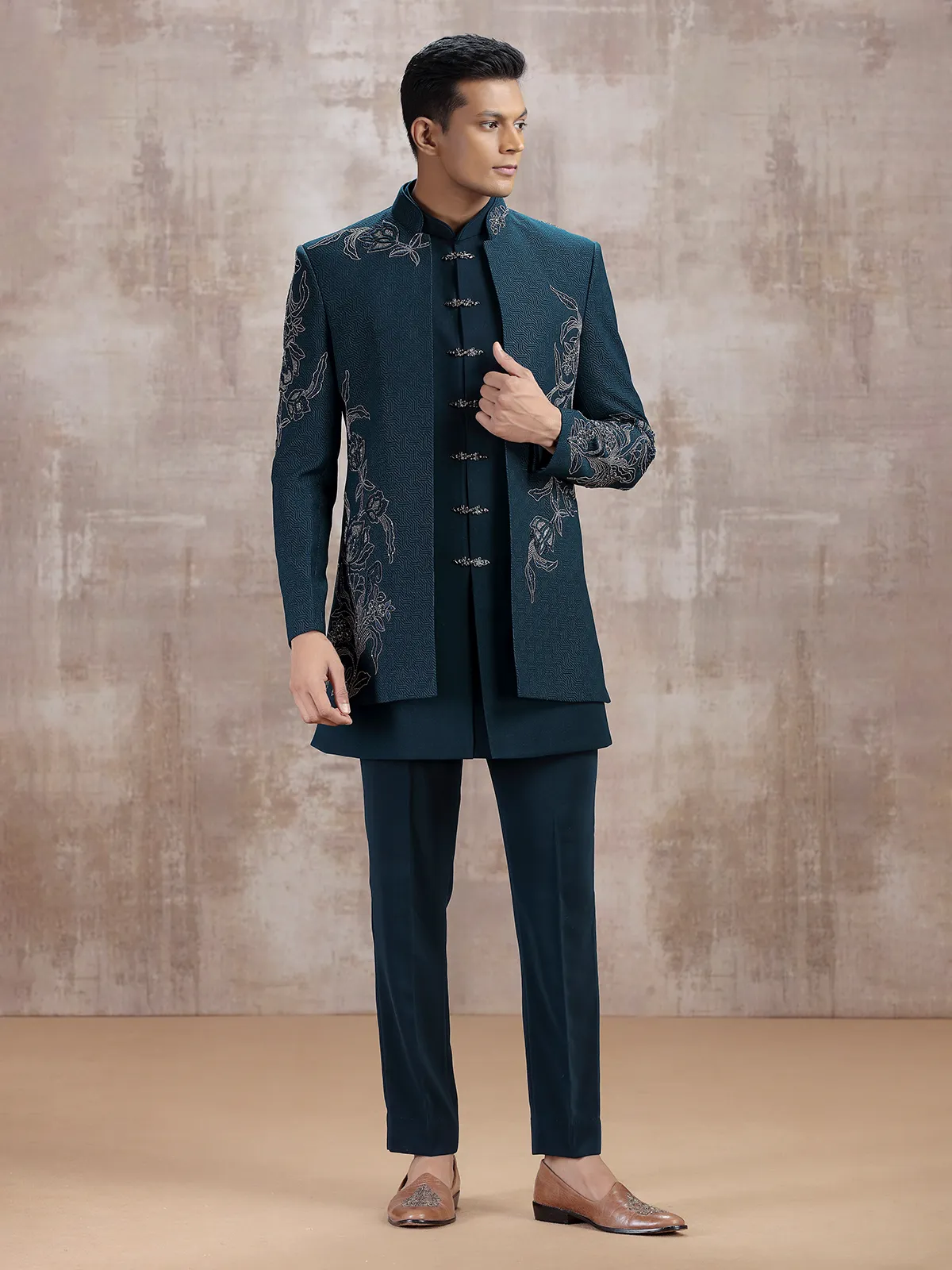 Teal blue jacket style indo western with beads work