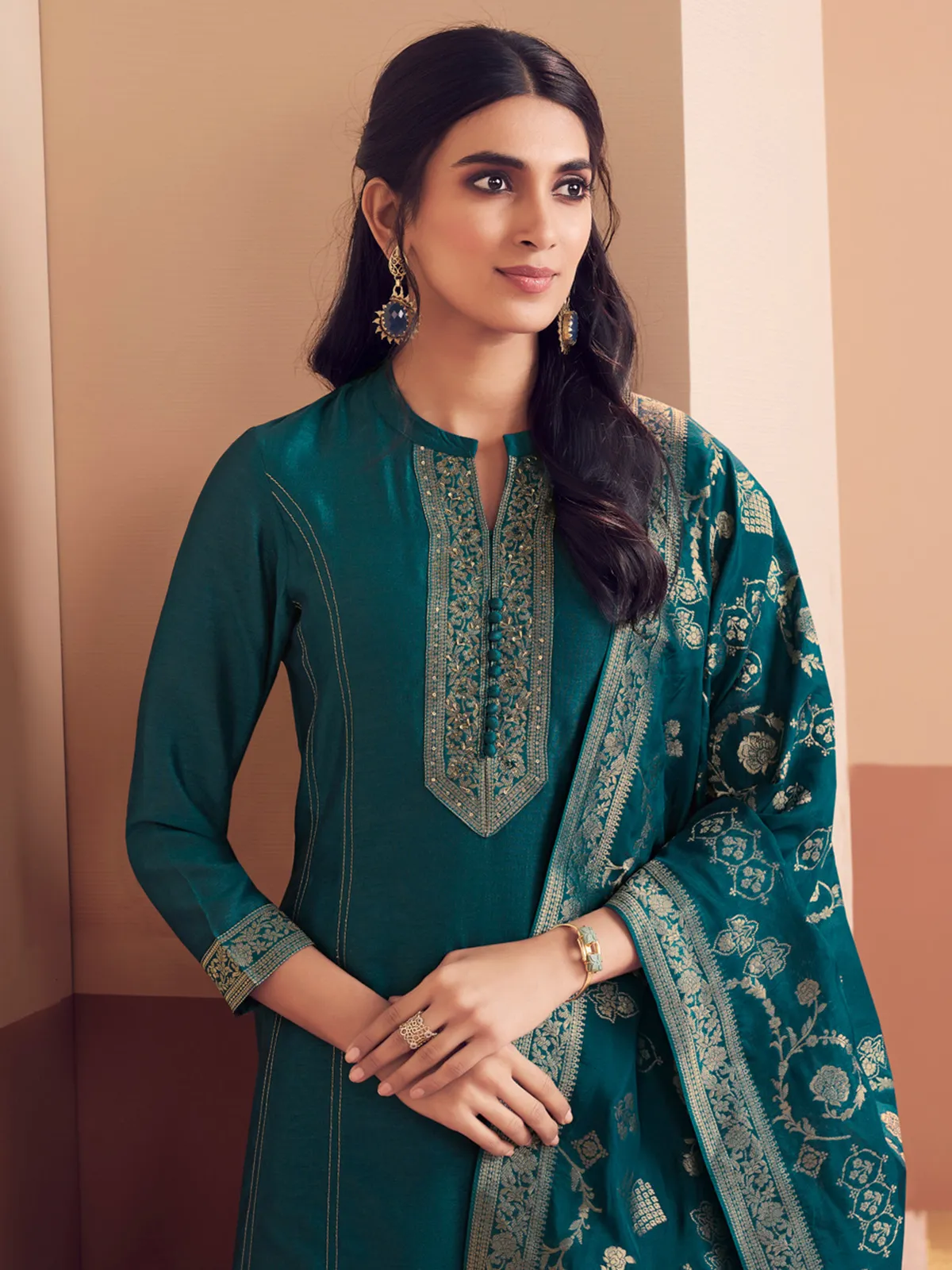 Teal green festive elegance palazzos salwar suitq
