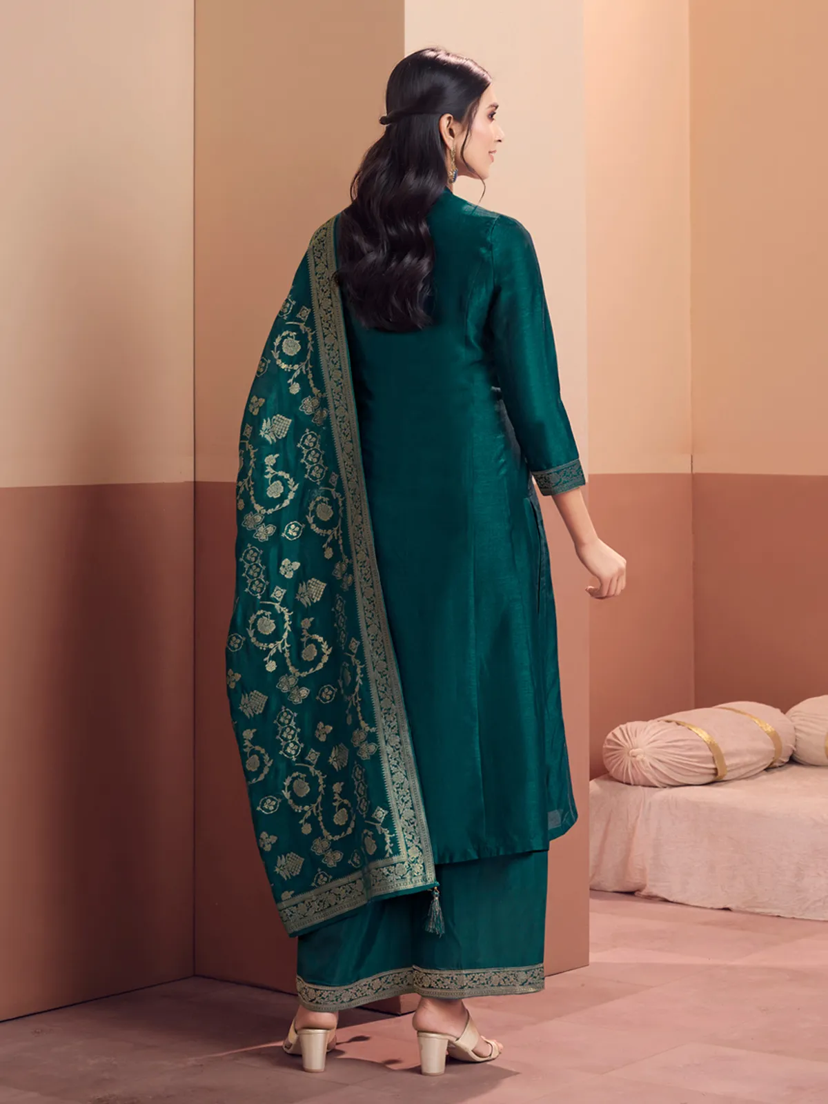 Teal green festive elegance palazzos salwar suitq