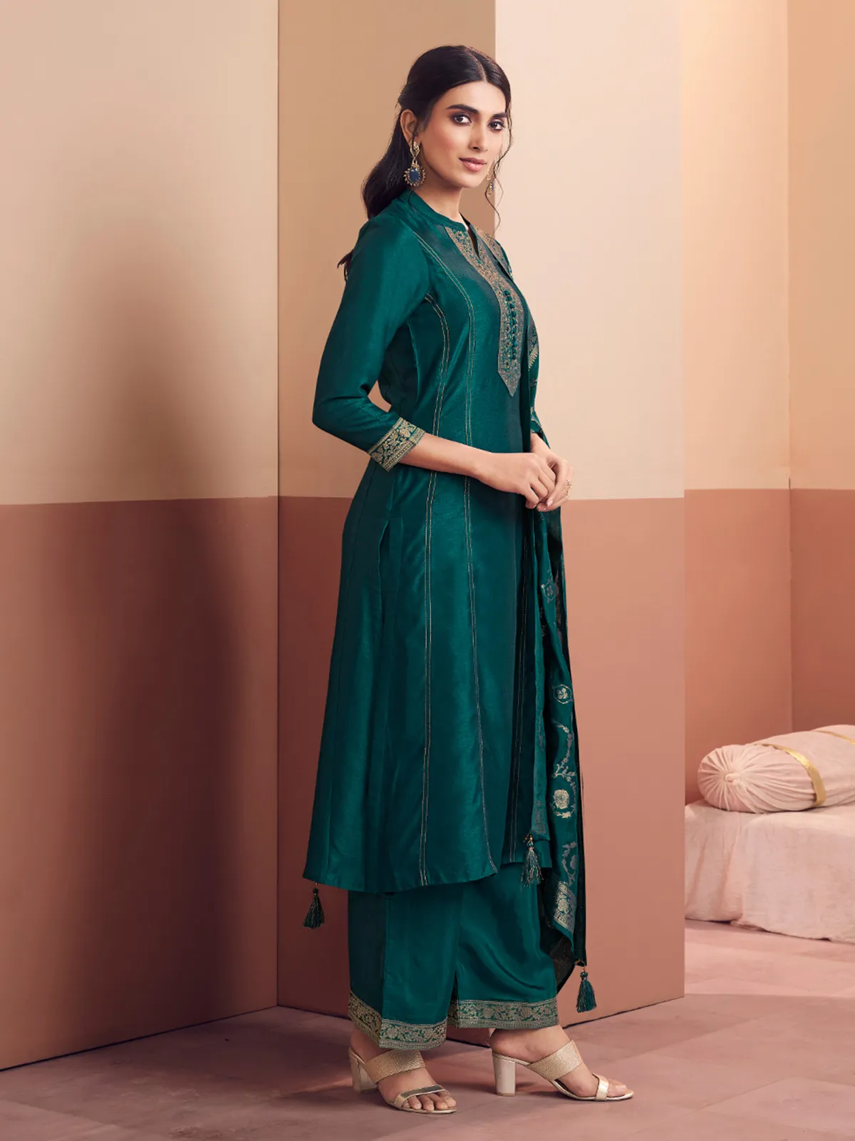 Teal green festive elegance palazzos salwar suitq
