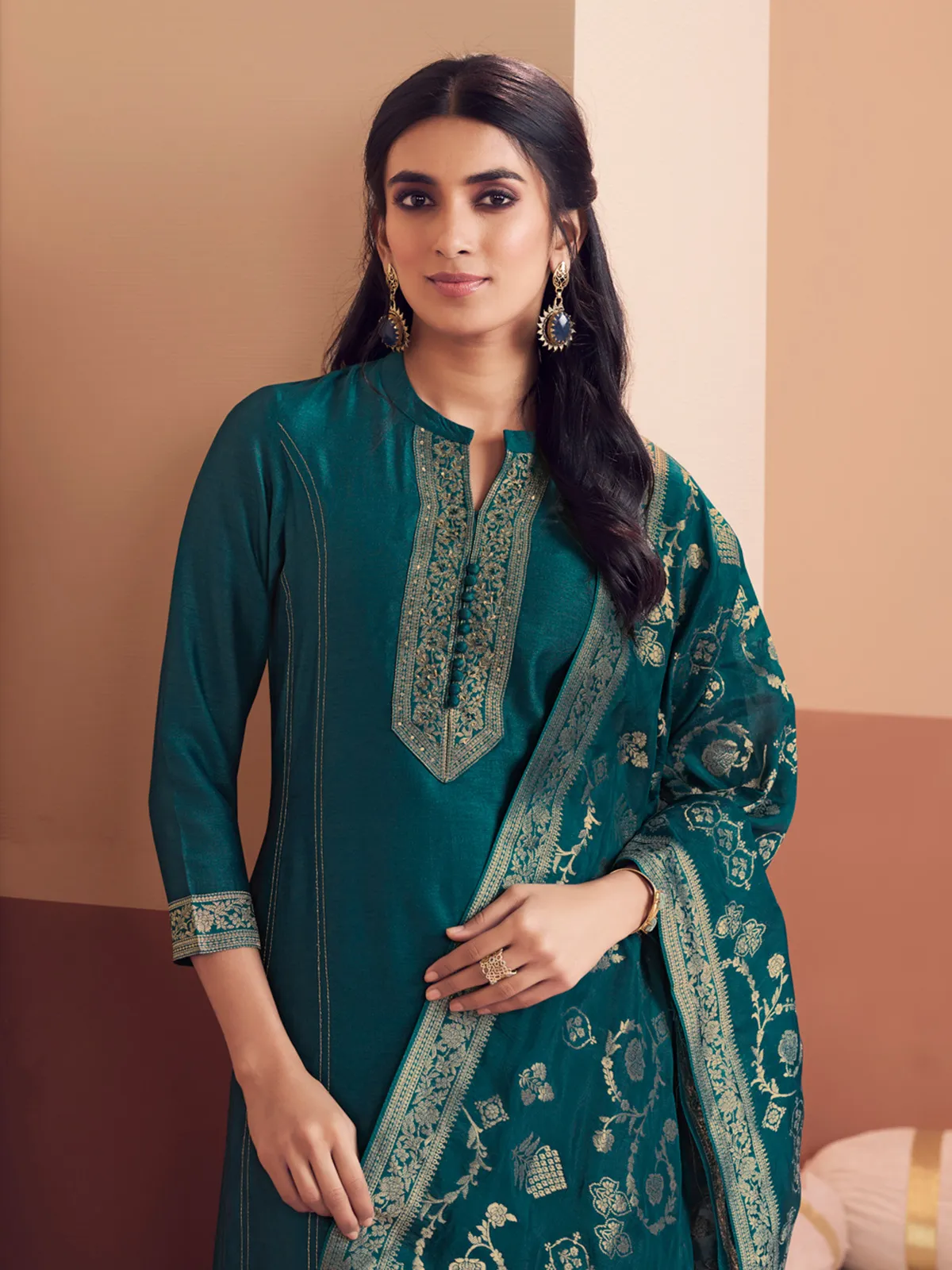 Teal green festive elegance palazzos salwar suitq