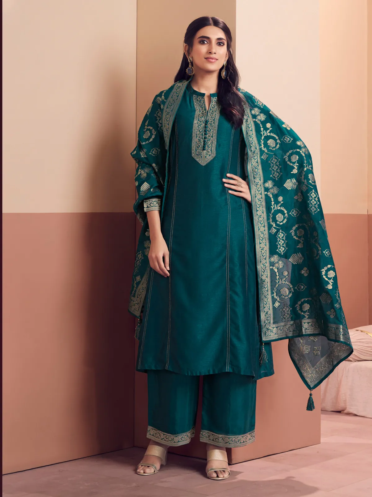 Teal green festive elegance palazzos salwar suitq