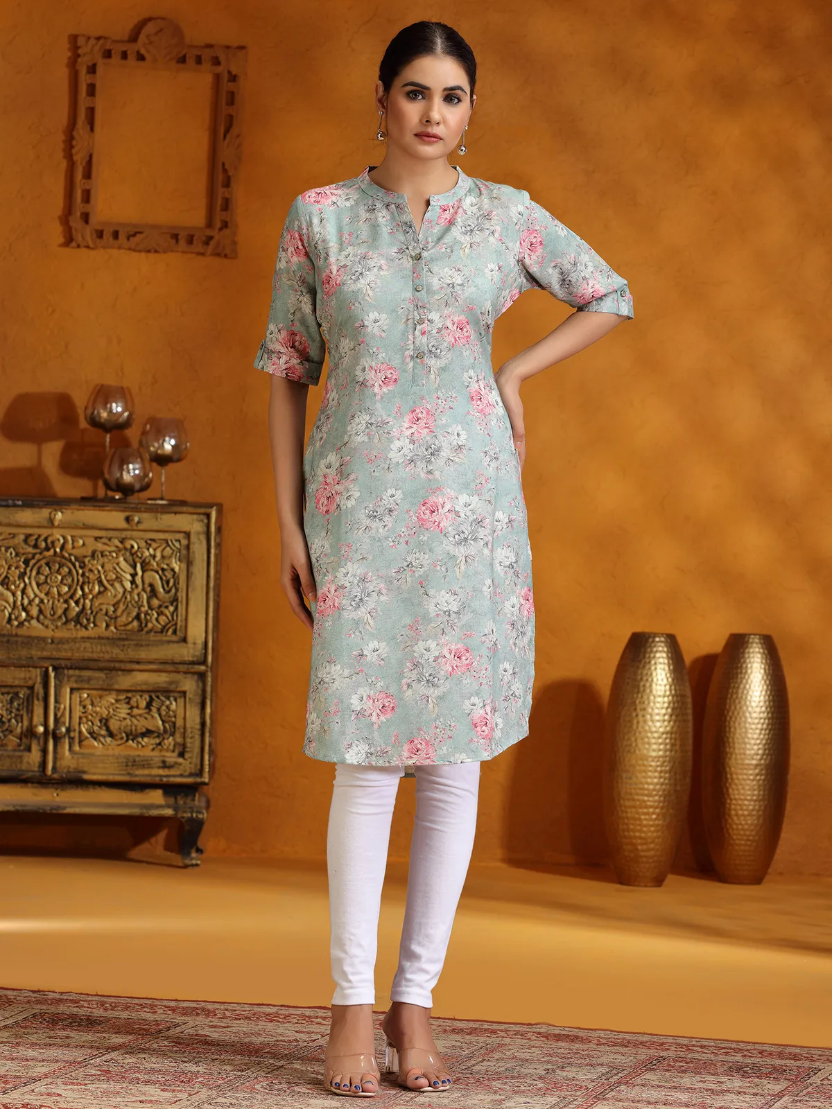 Trendy mint green floral printed silk kurti