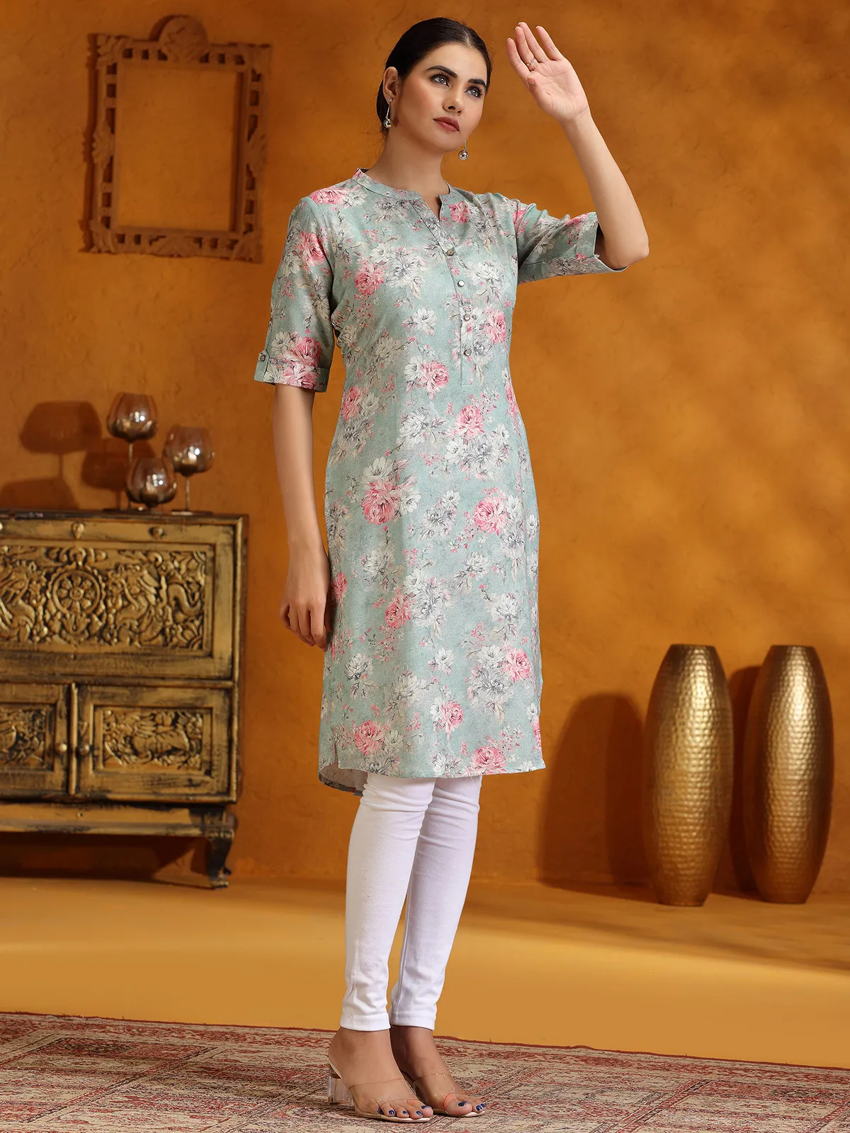 Trendy mint green floral printed silk kurti