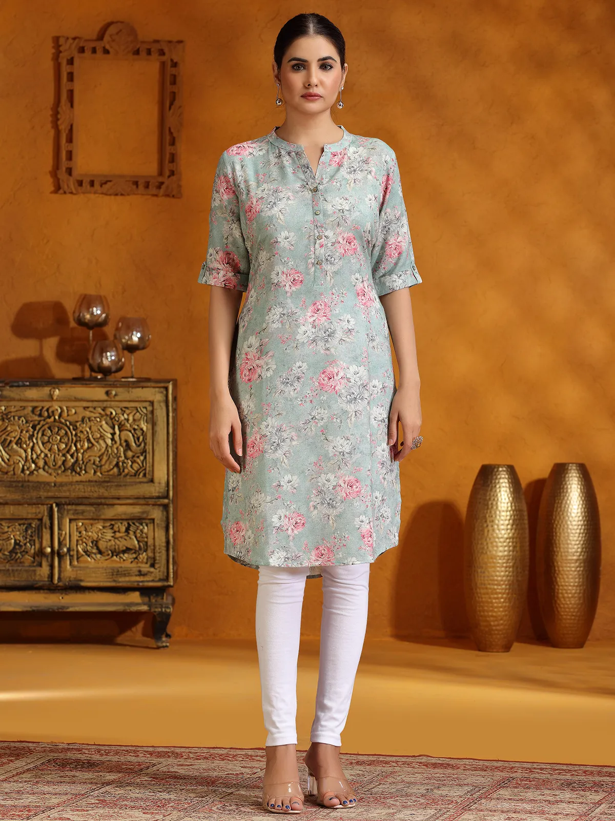 Trendy mint green floral printed silk kurti