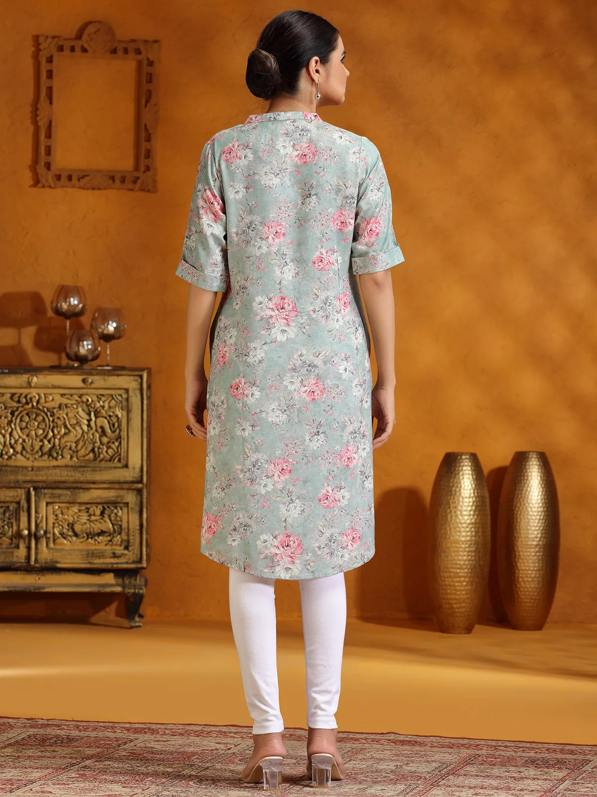 Trendy mint green floral printed silk kurti