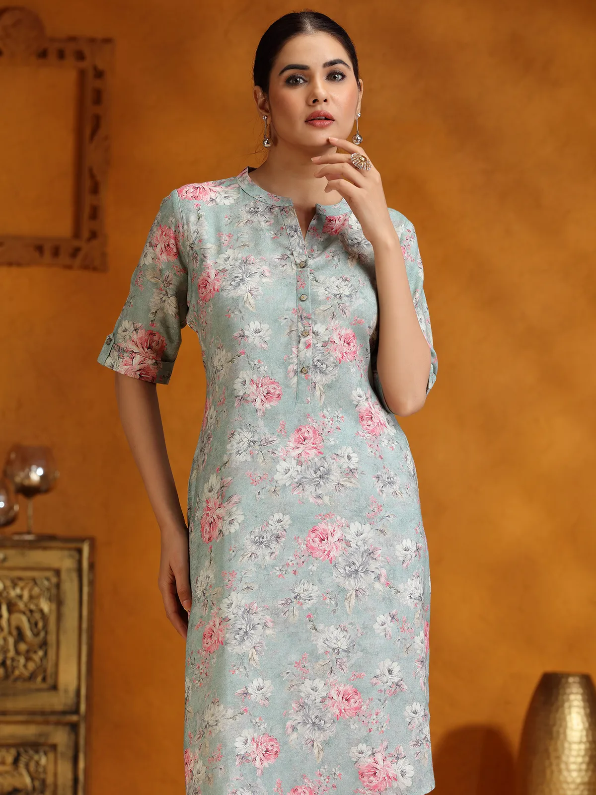 Trendy mint green floral printed silk kurti