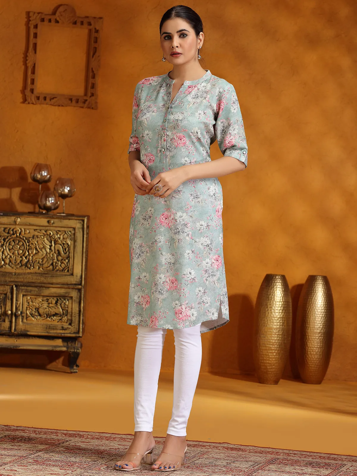 Trendy mint green floral printed silk kurti