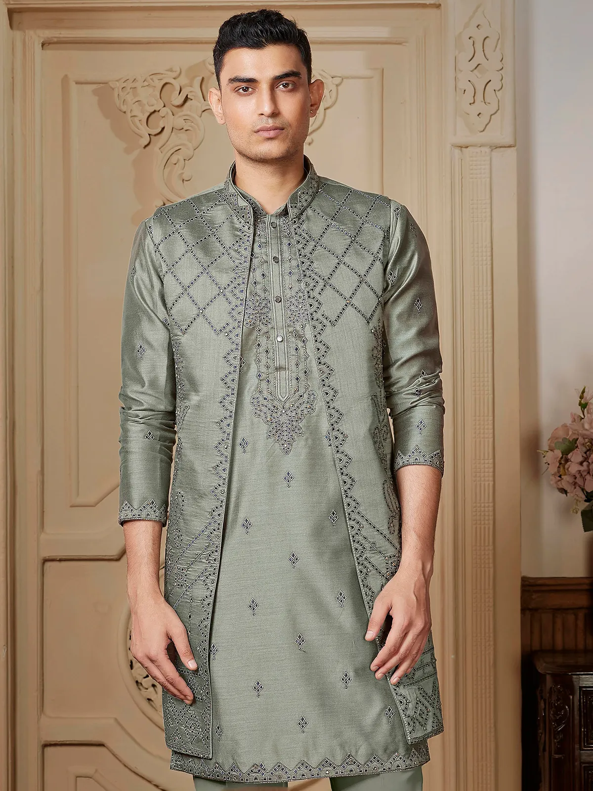 Trendy olive shade long waistcoat set with embroidery embellishment