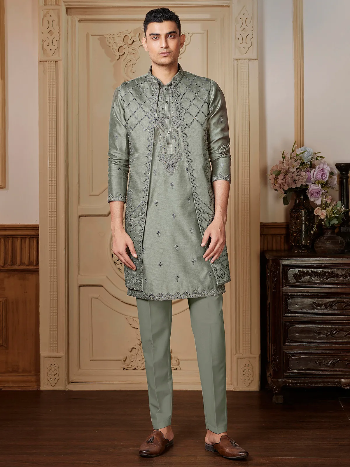 Trendy olive shade long waistcoat set with embroidery embellishment