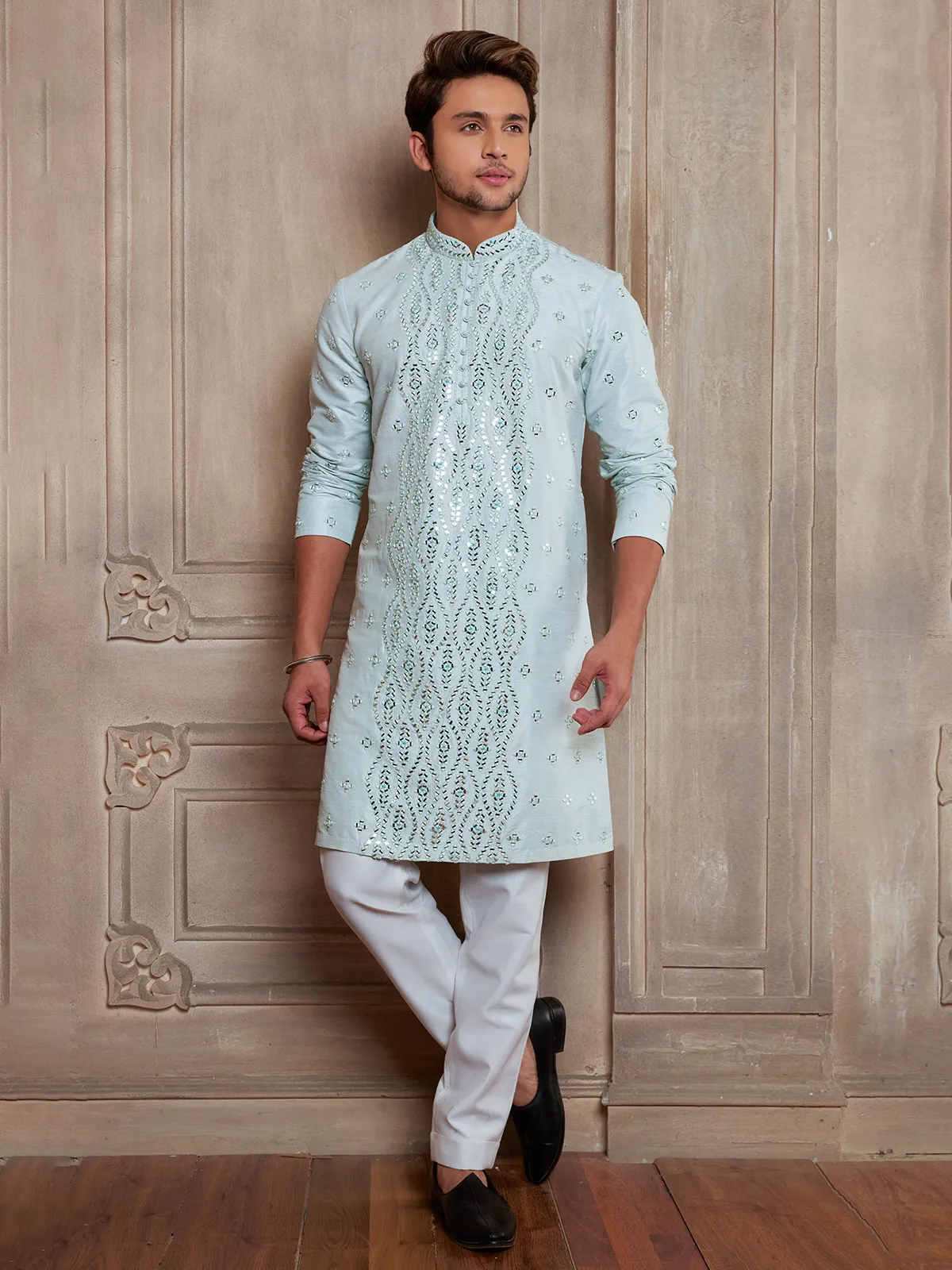 Trendy sky blue raw silk kurta suit