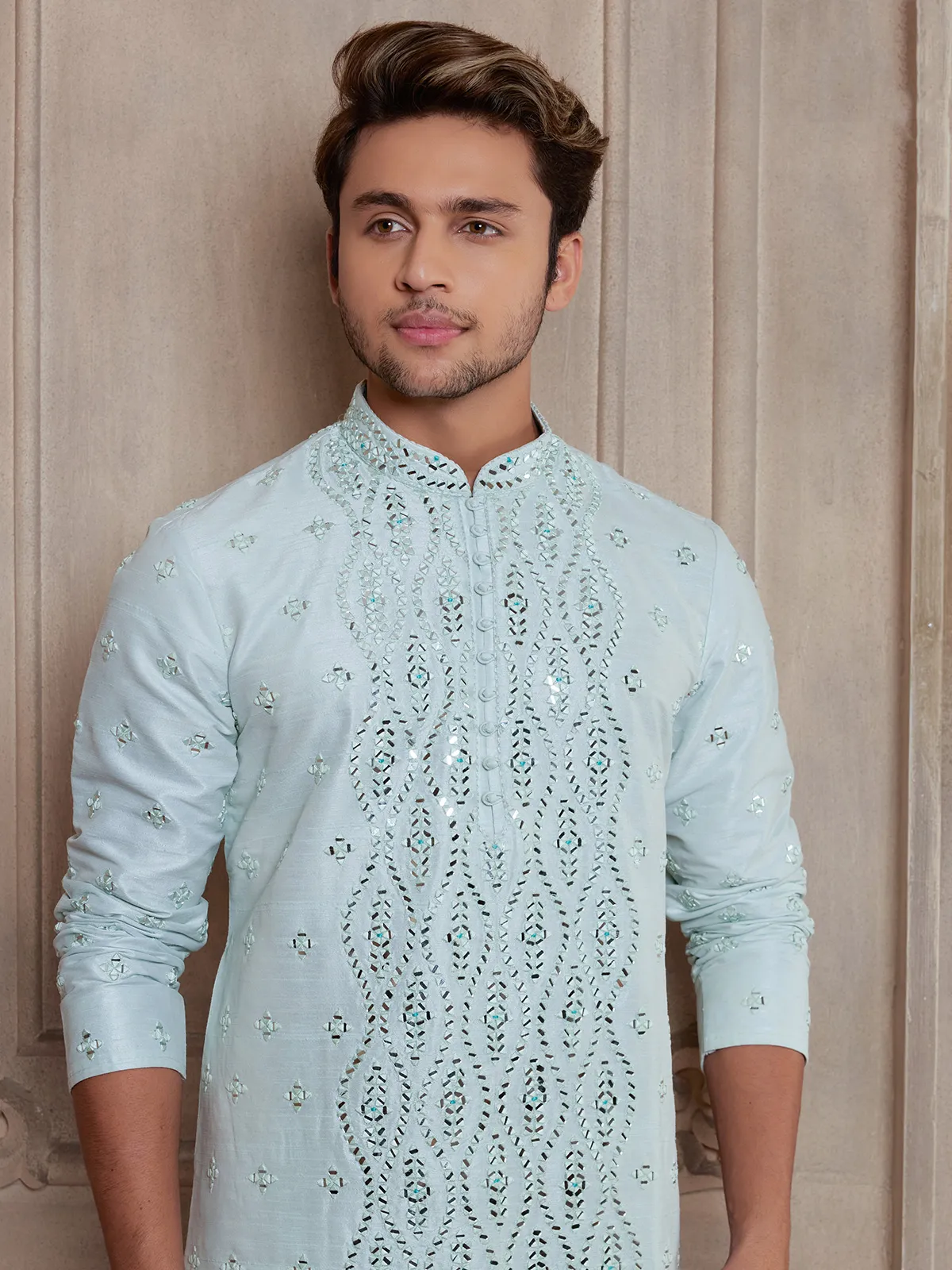 Trendy sky blue raw silk kurta suit