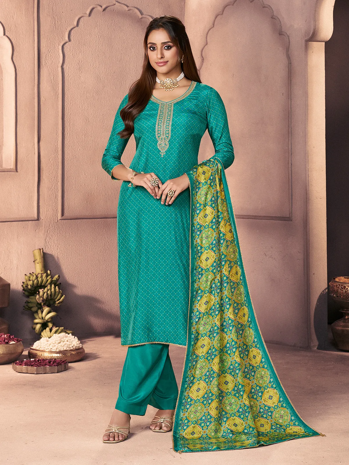 Turquoise blue regal zardosi celebration wear