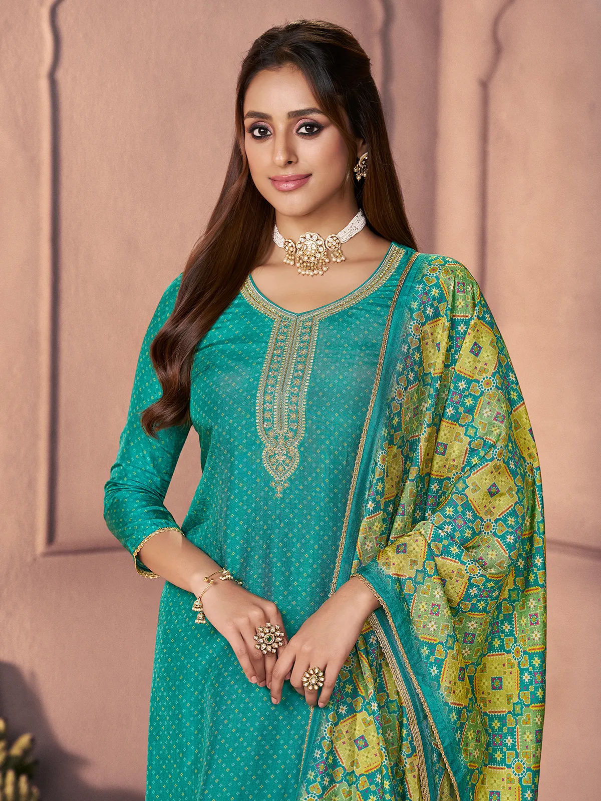 Turquoise blue regal zardosi celebration wear