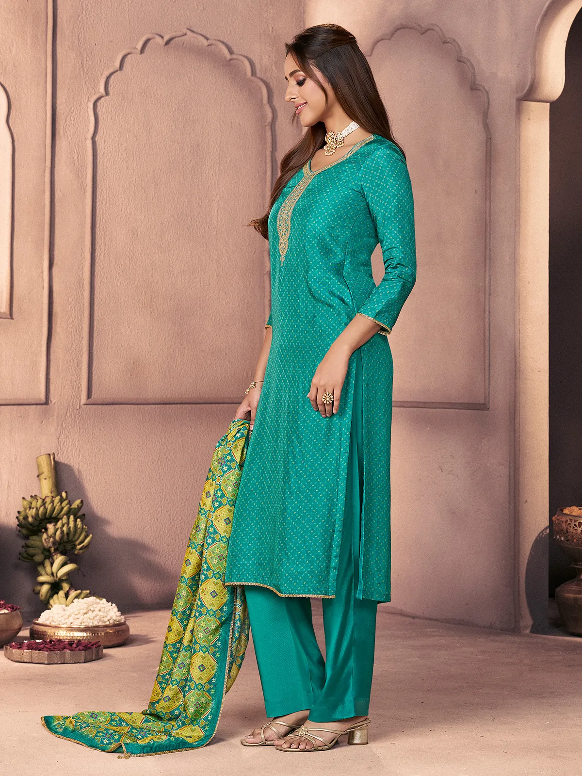 Turquoise blue regal zardosi celebration wear