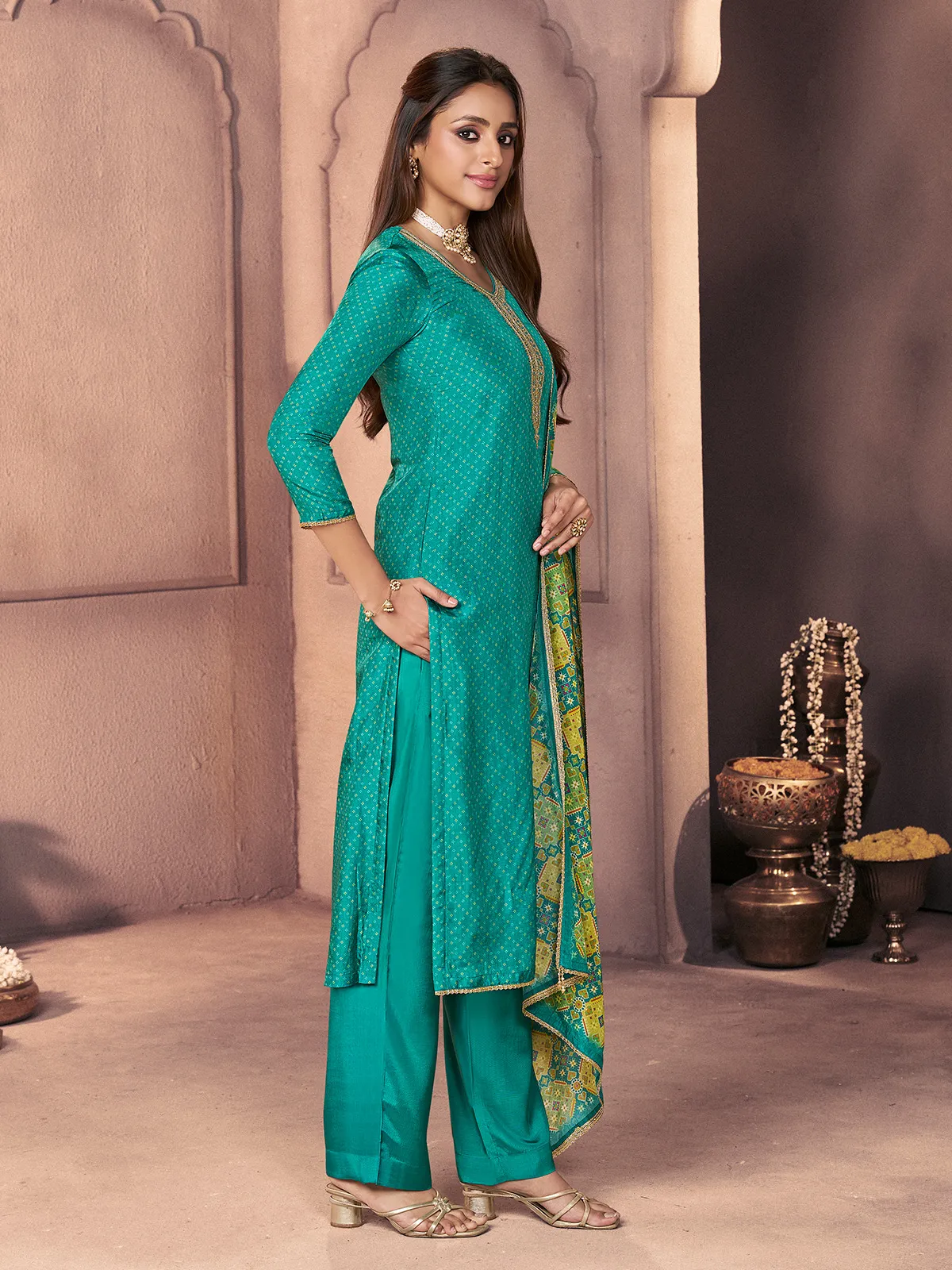 Turquoise blue regal zardosi celebration wear
