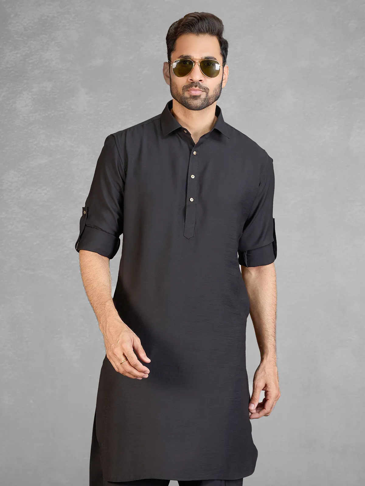 Classic black cotton blend pathani suit with pocket-G3-MPS4332