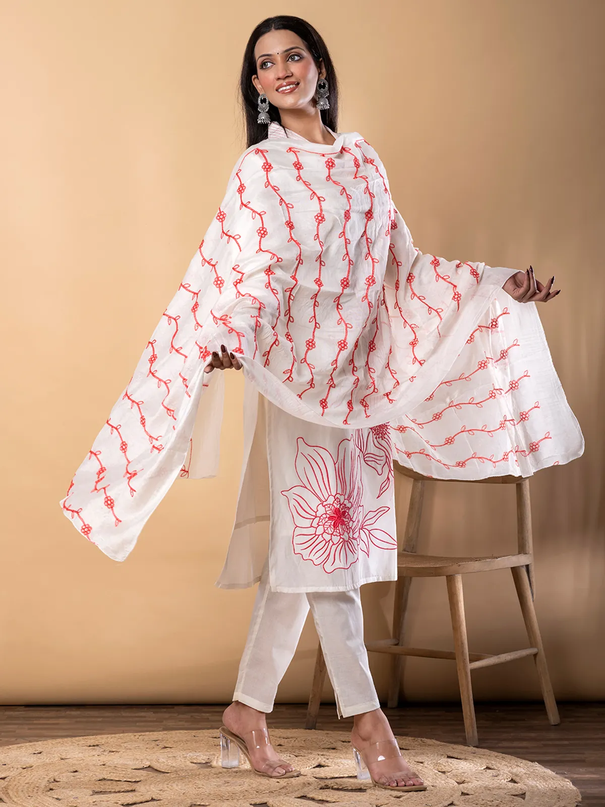 White and pink cotton kurti set with dupatta