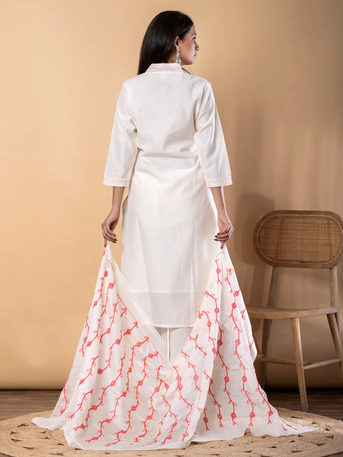 White and pink cotton kurti set with dupatta