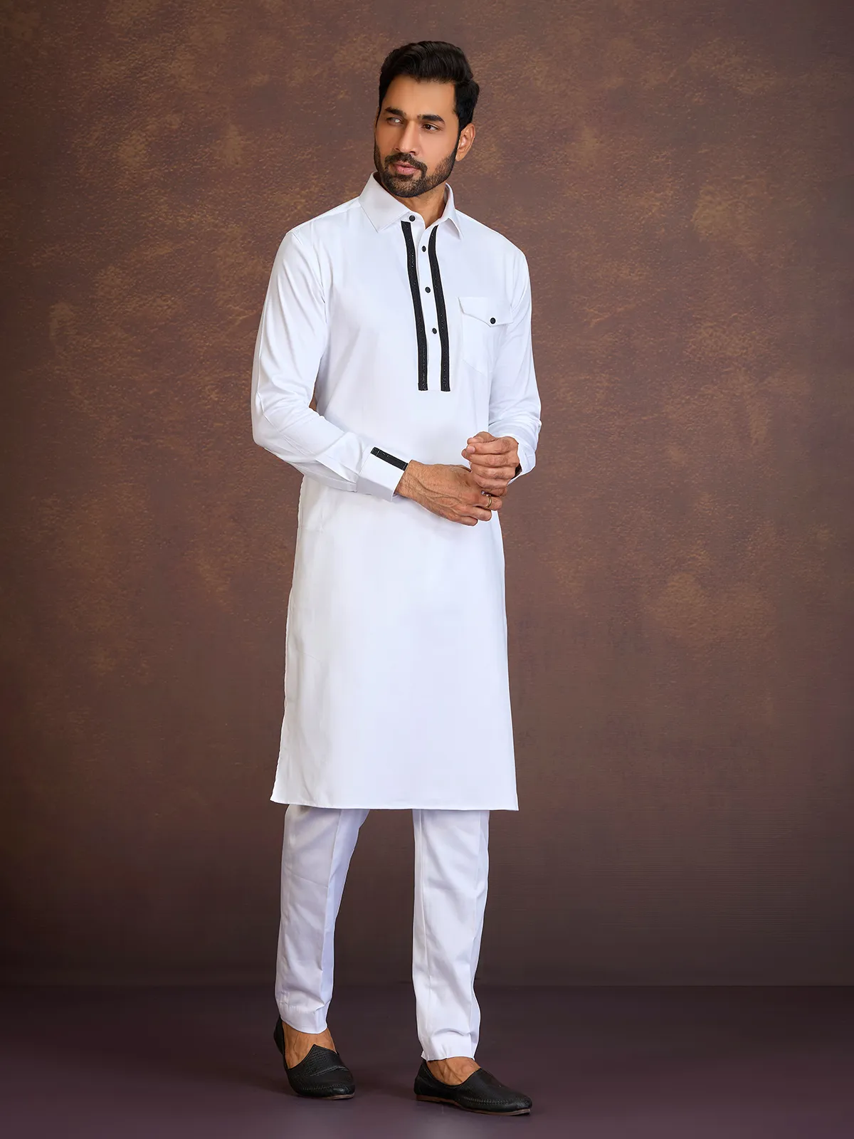 White satin cotton lycra pathani suit-G3-MPS4358 | Australia