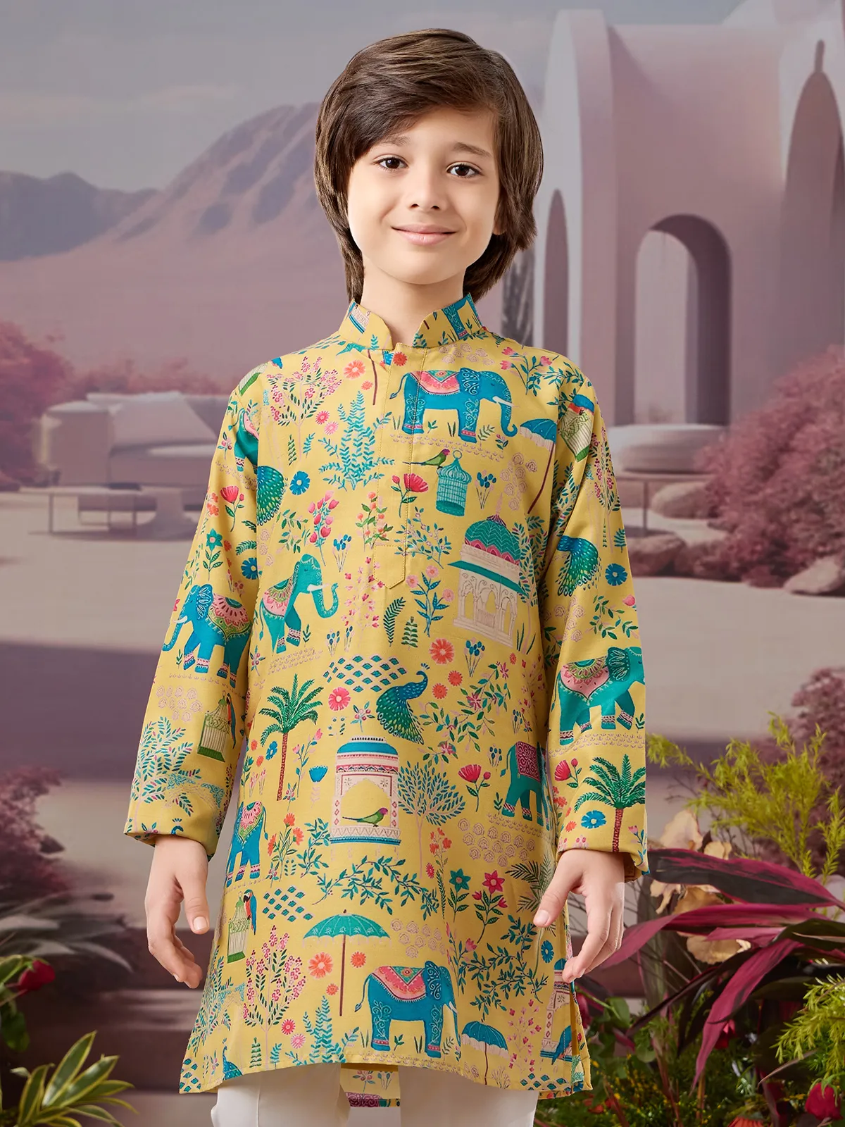 Yellow silk kurta set with vibrant prints