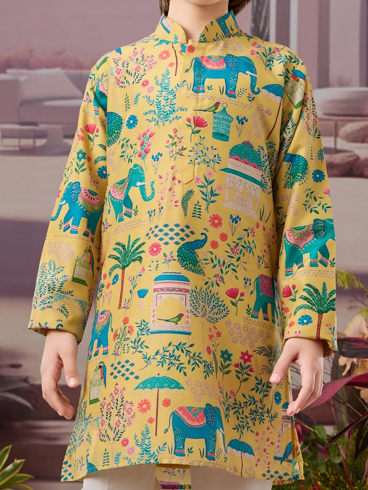 Yellow silk kurta set with vibrant prints