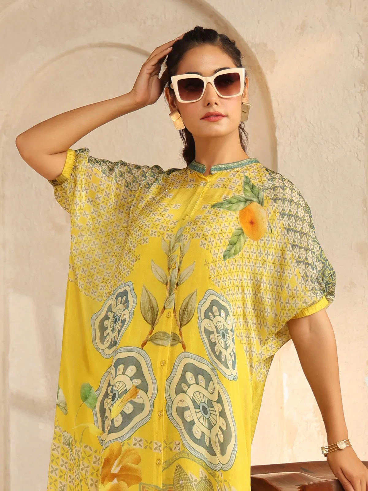 Yellow silk printed kurti set with cutdana work