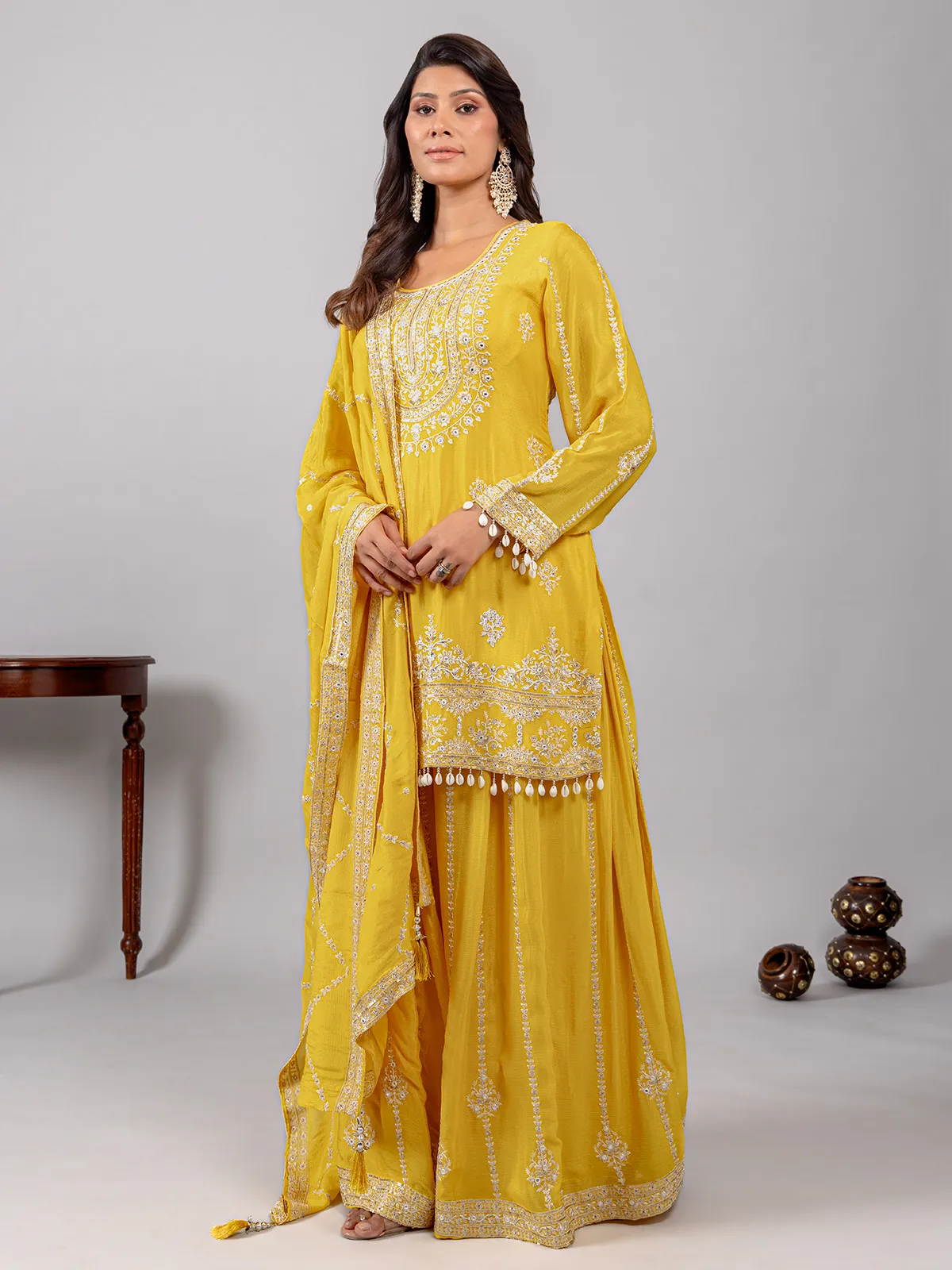 Yellow silk suit with beaded details and dupatta