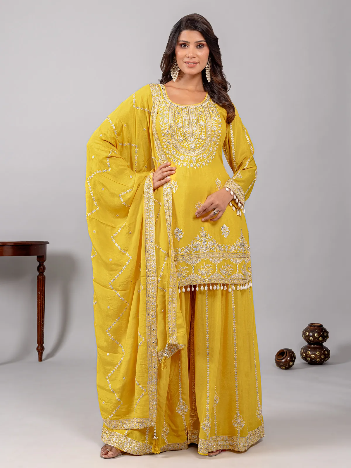 Yellow silk suit with beaded details and dupatta