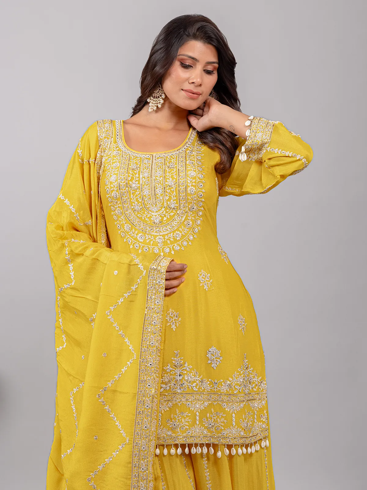 Yellow silk suit with beaded details and dupatta