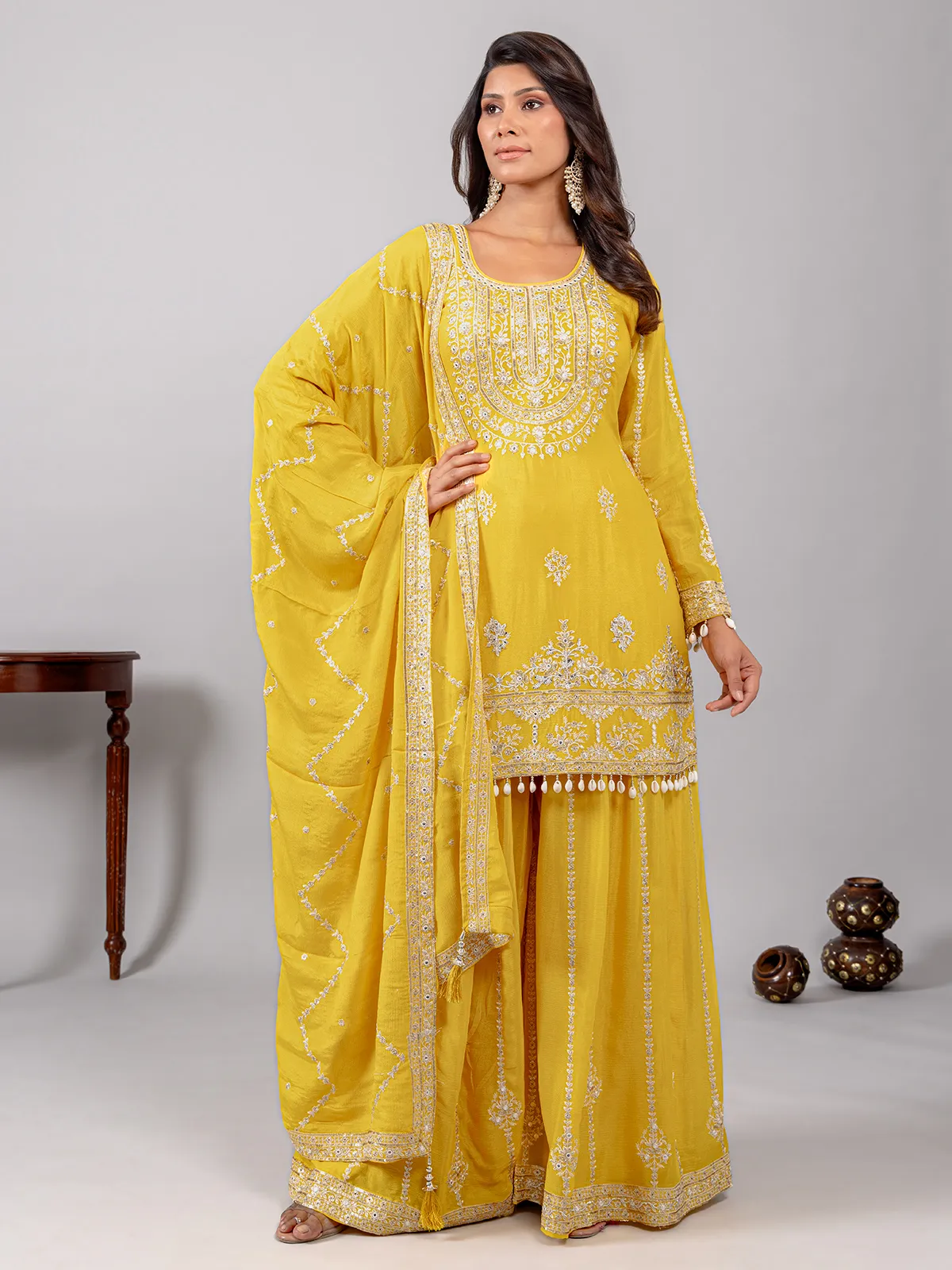 Yellow silk suit with beaded details and dupatta