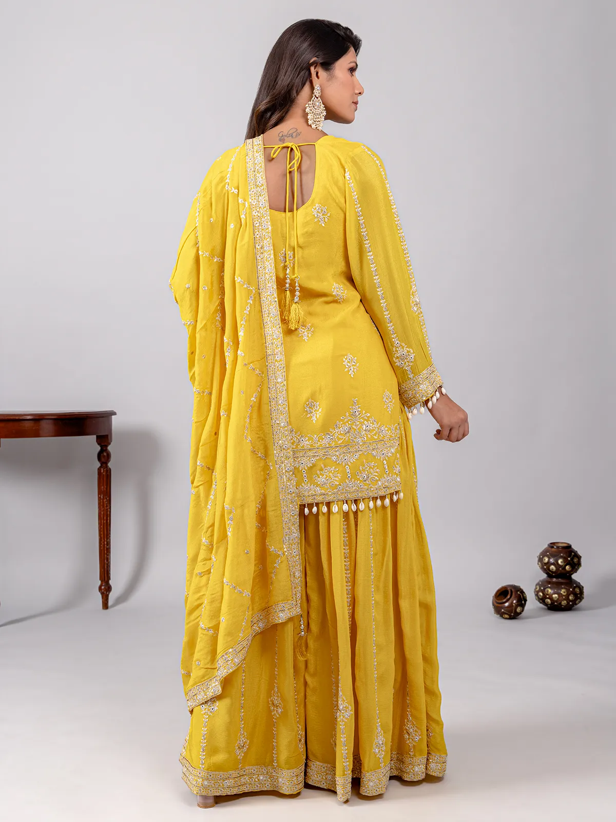 Yellow silk suit with beaded details and dupatta