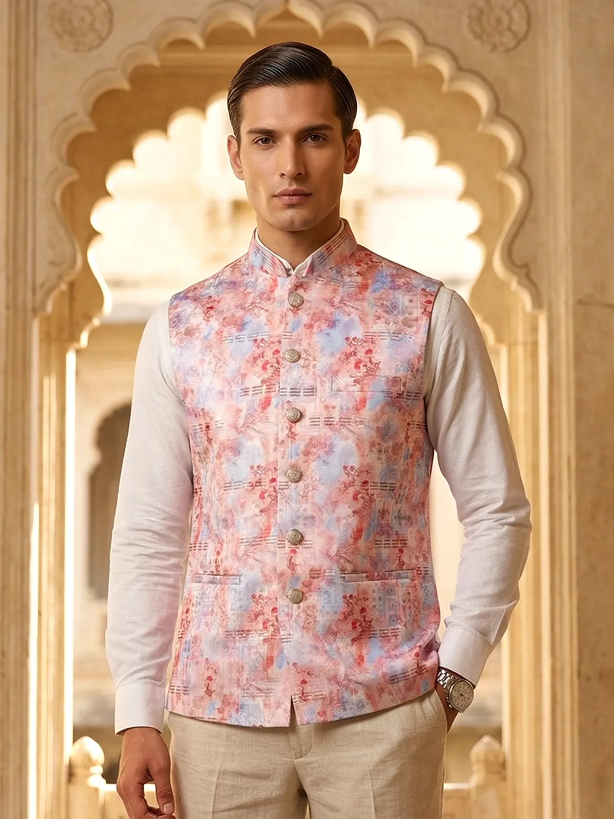 Pink brocade waistcoat with sequins detailing