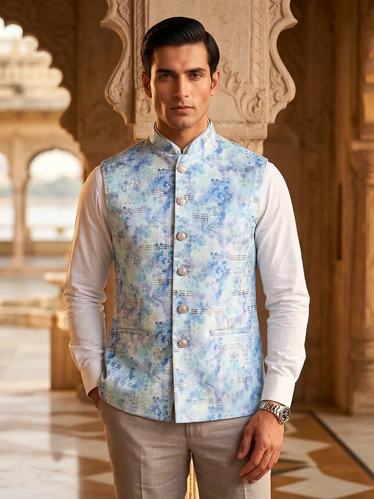 Sky blue brocade waistcoat with zari touch