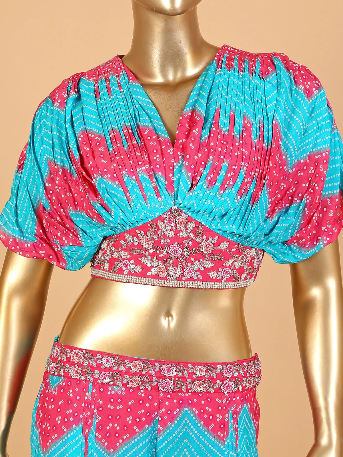 Aqua and pink printed silk co-ord set