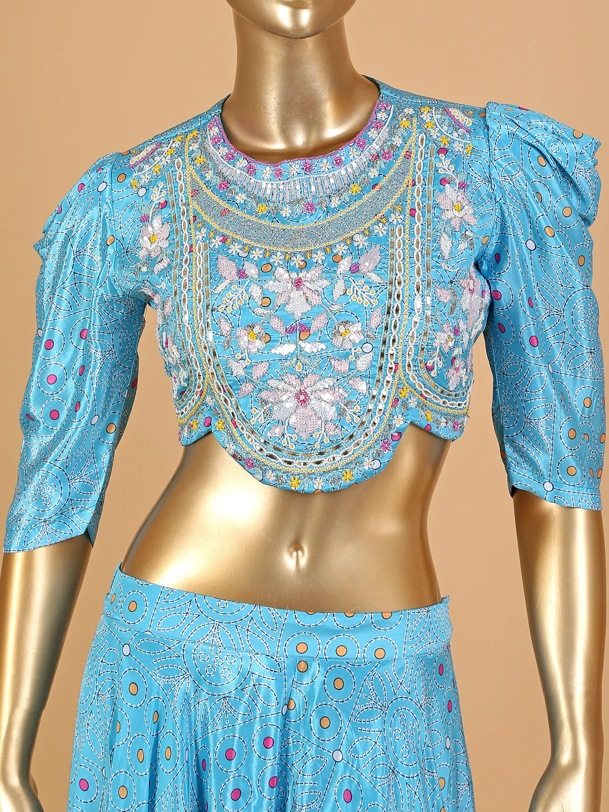 Aqua satin printed palazzo suit