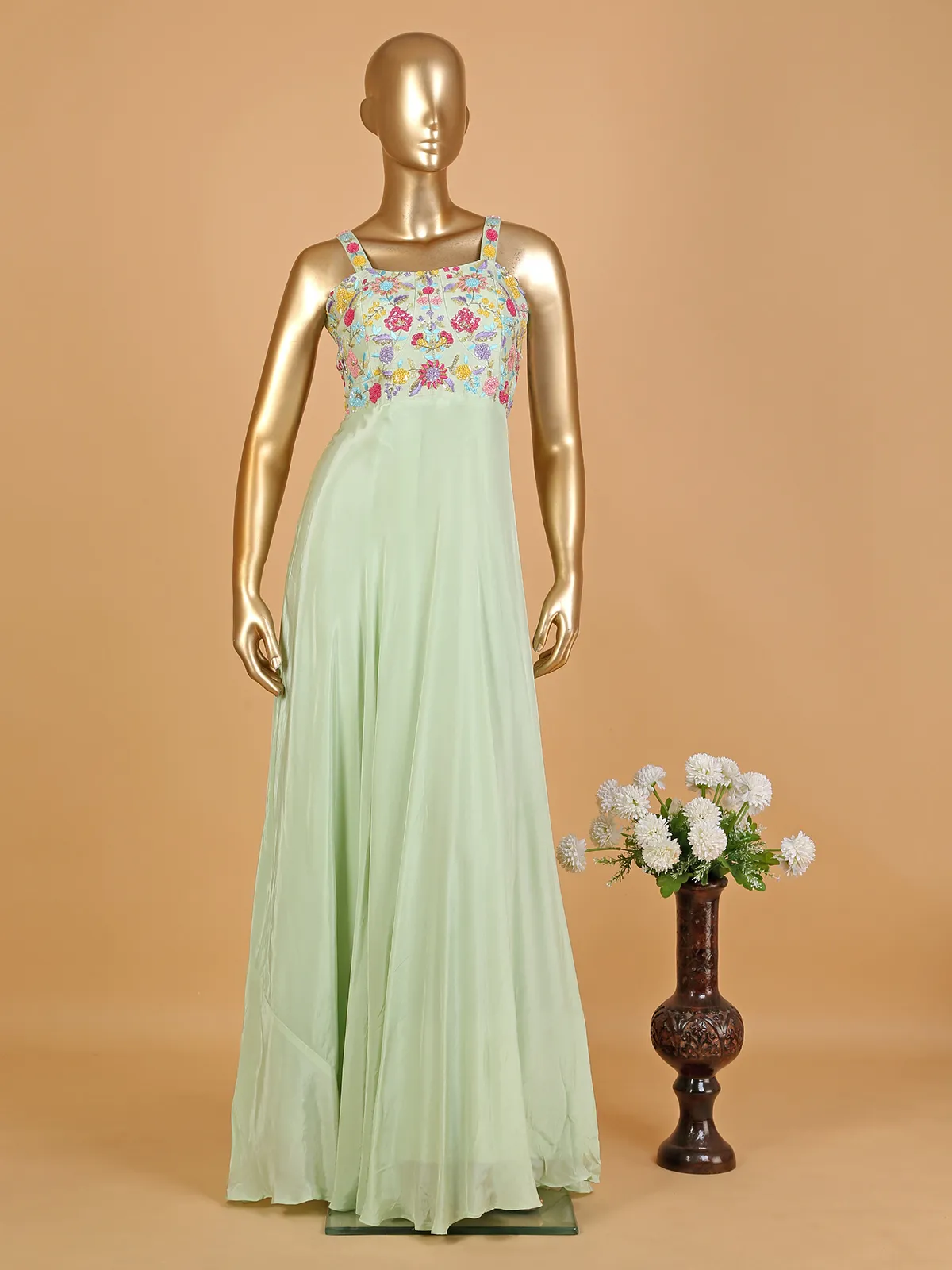 Light green floor length suit with choker dupatta