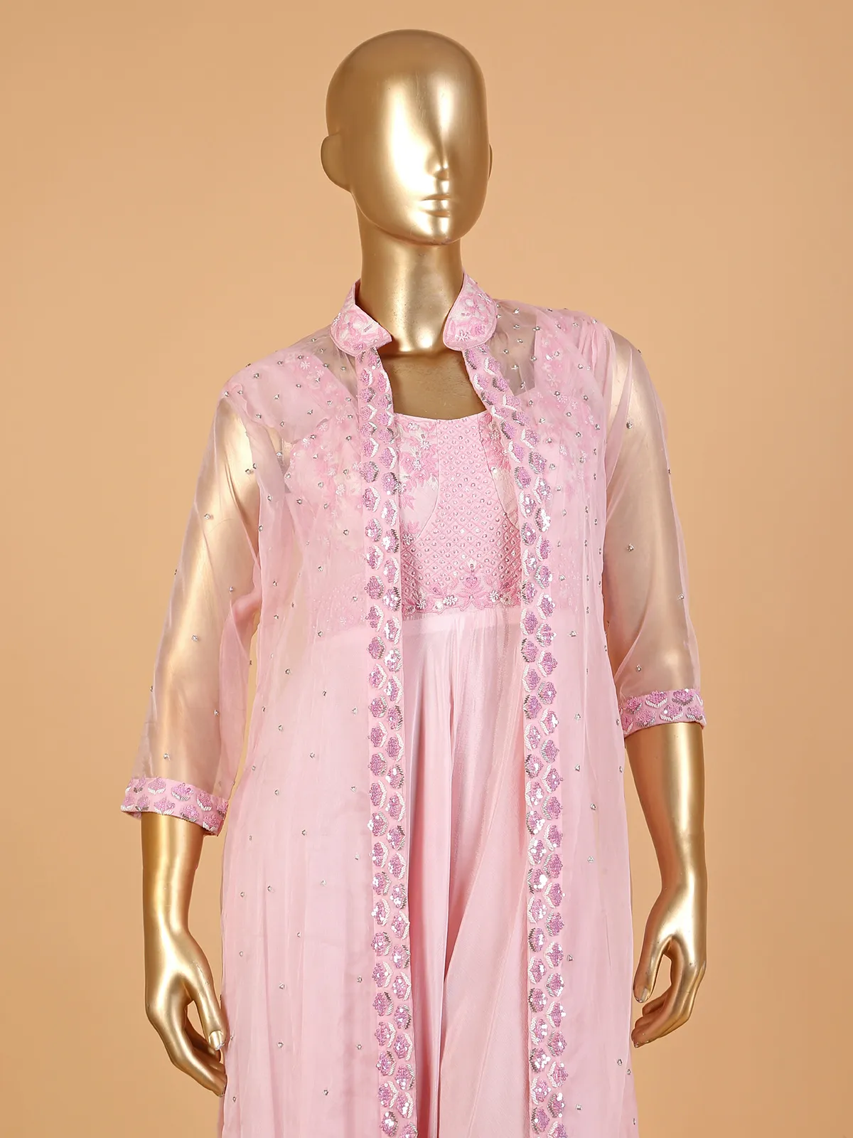 Light pink chiffon jacket style jumpsuit