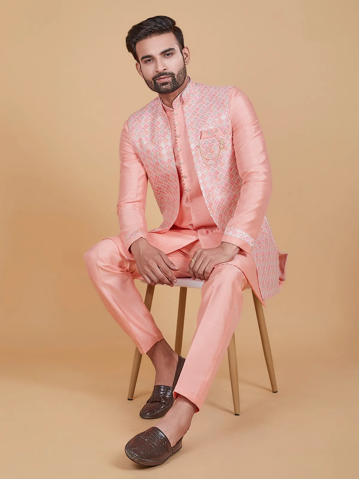 Light pink printed raw silk indowestern
