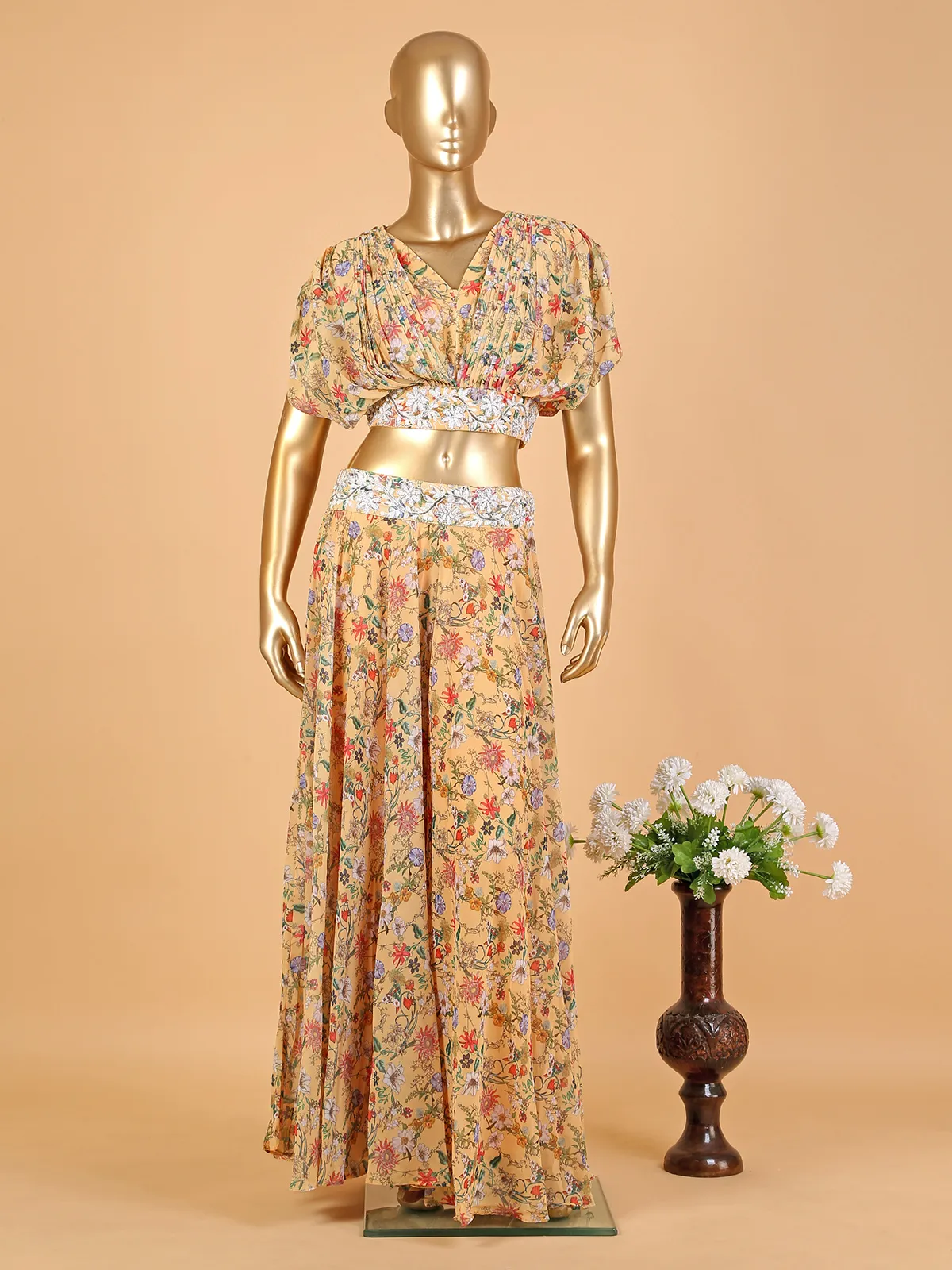 Light yellow floral print georgette co-ord set
