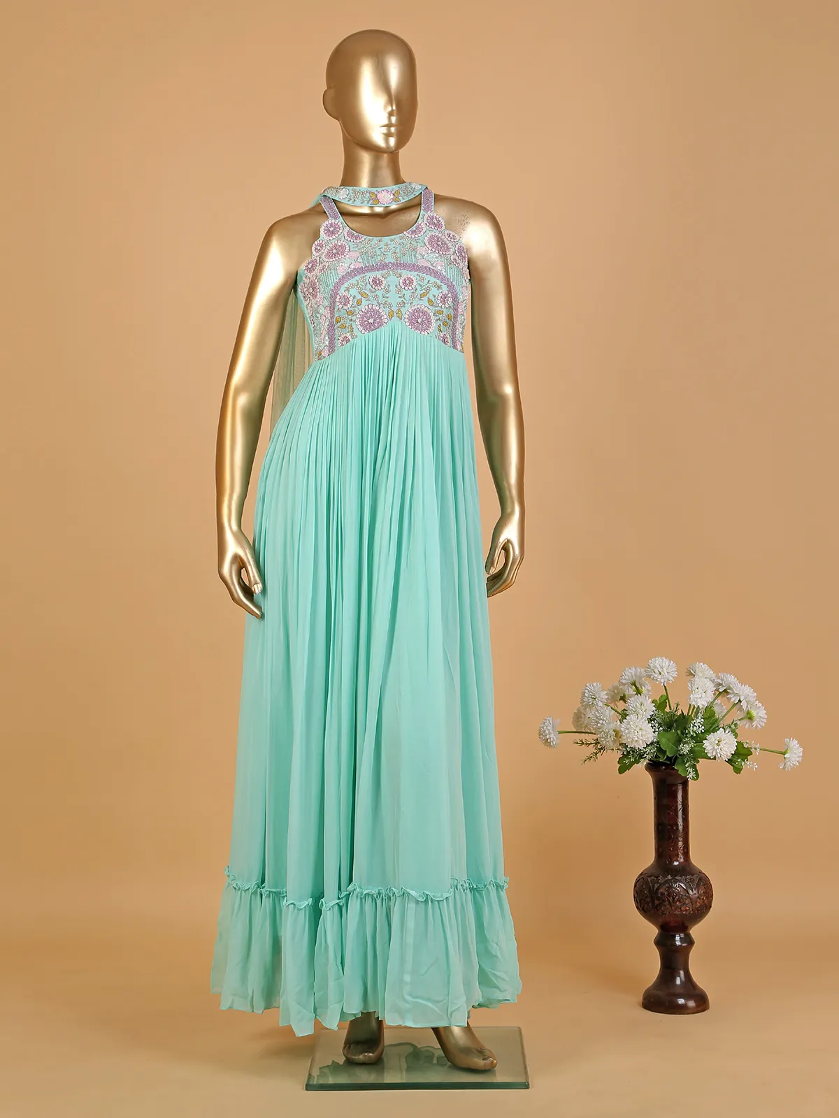 Sea green anarkali suit with choker dupatta