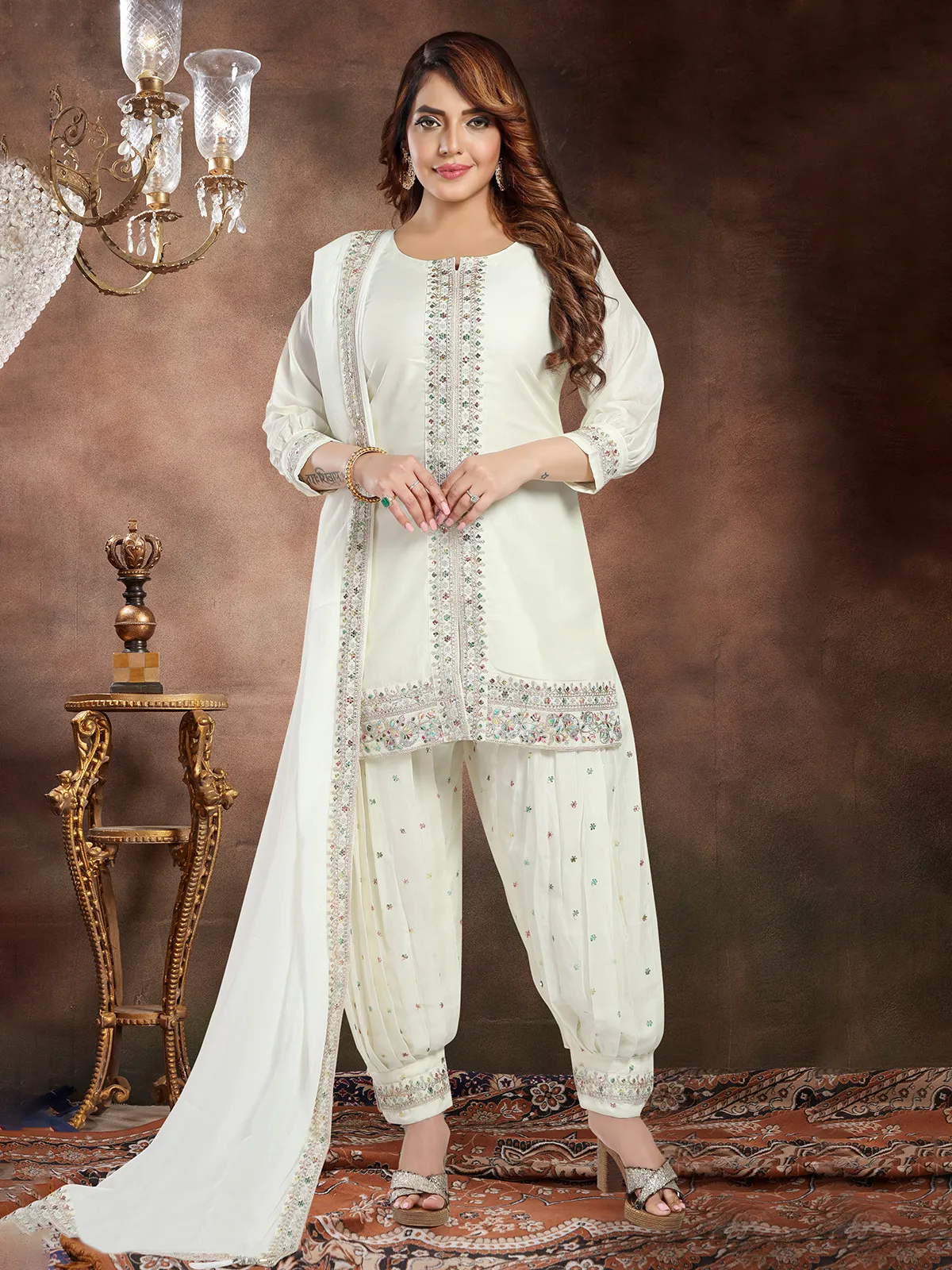 White silk dhoti suit with dupatta