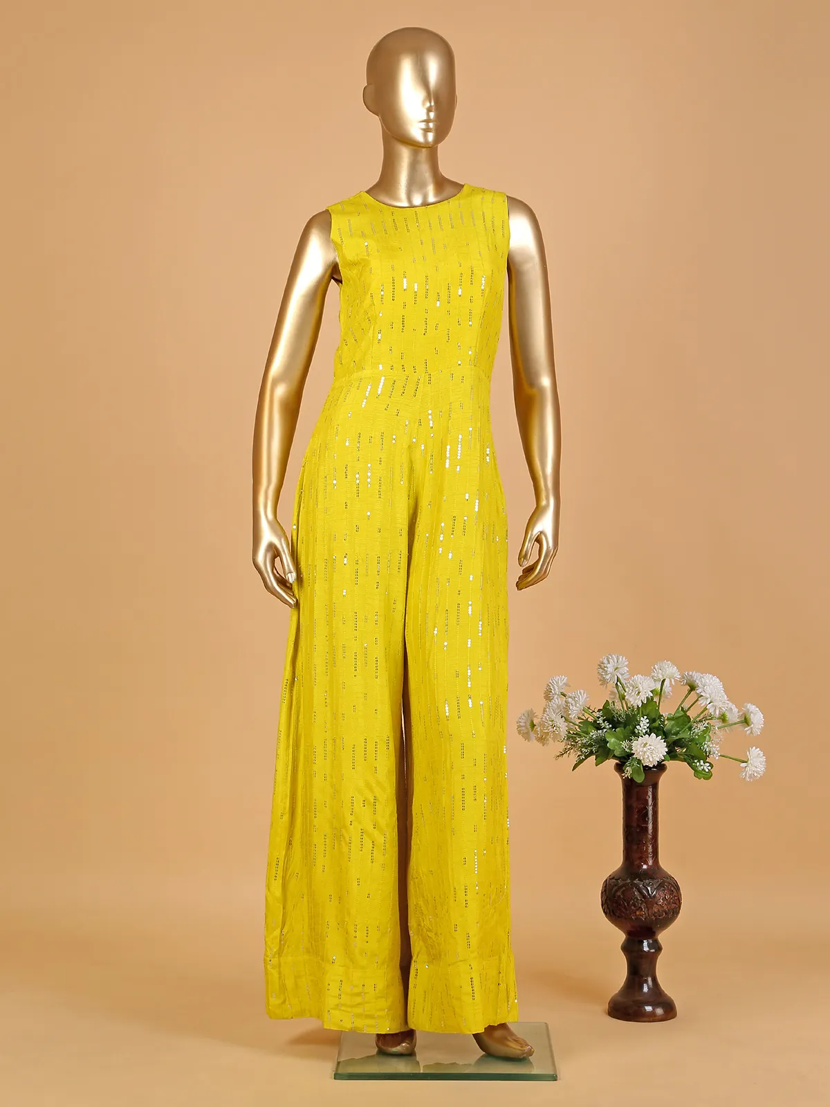 Yellow raw silk jacket style jumpsuit