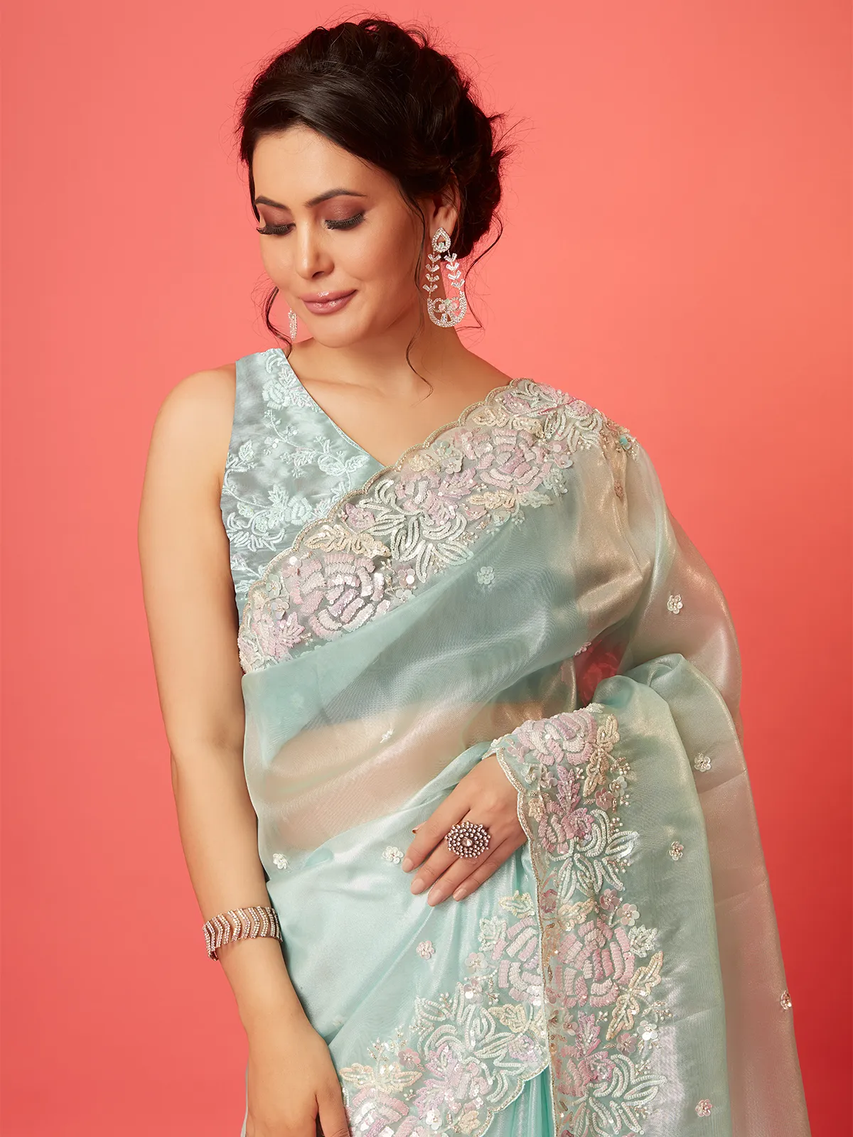 Beautiful sky blue soft organza saree